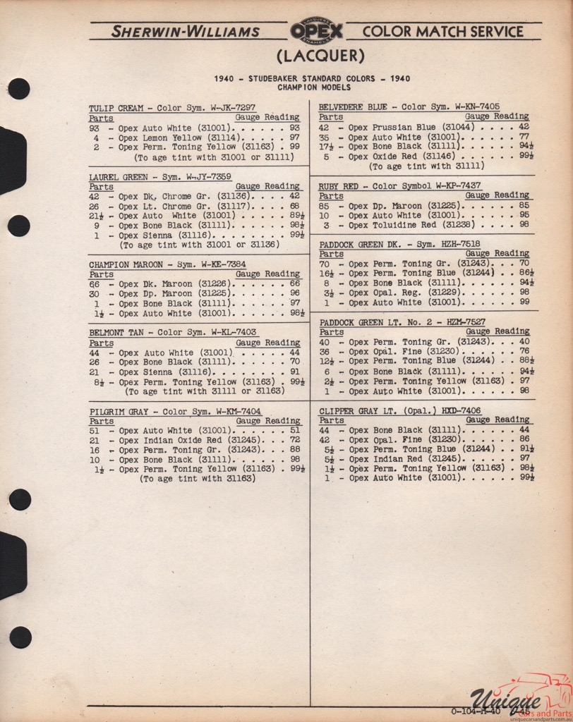 1940 Studebaker Paint Charts Williams 4